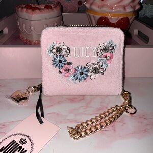 Juicy Couture RETRO Bloom Small Zip Around Pink Floral Embroidered Wallet